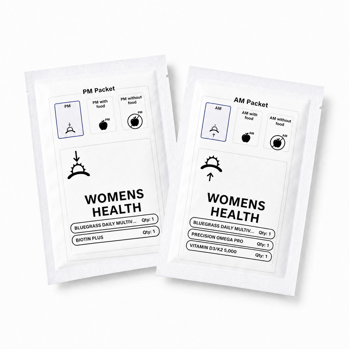 Two white packets labeled 'Womens Health' with black text and icons on a white background.