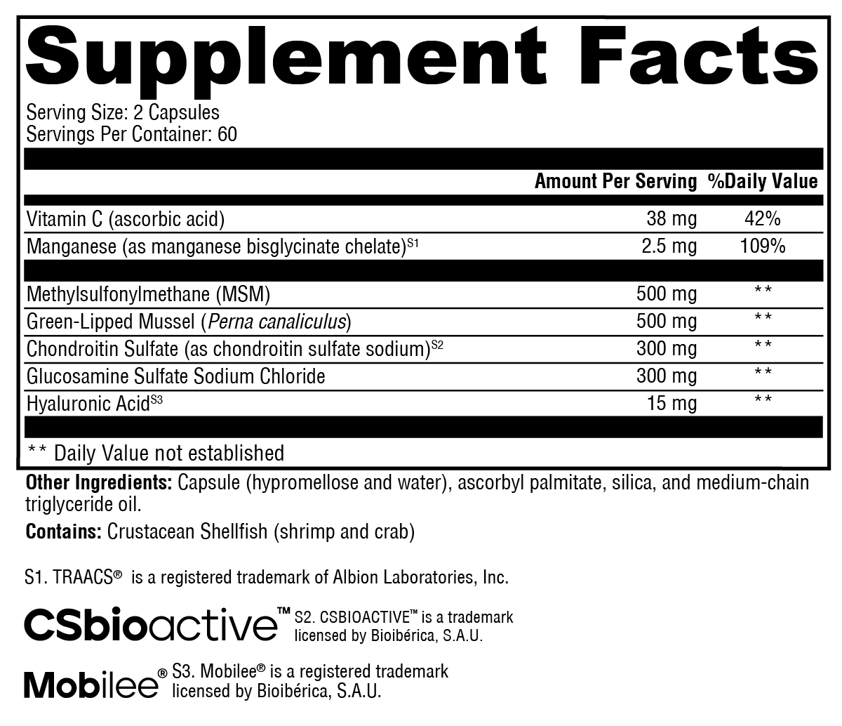 Supplement facts label with various nutrients listed on a white background