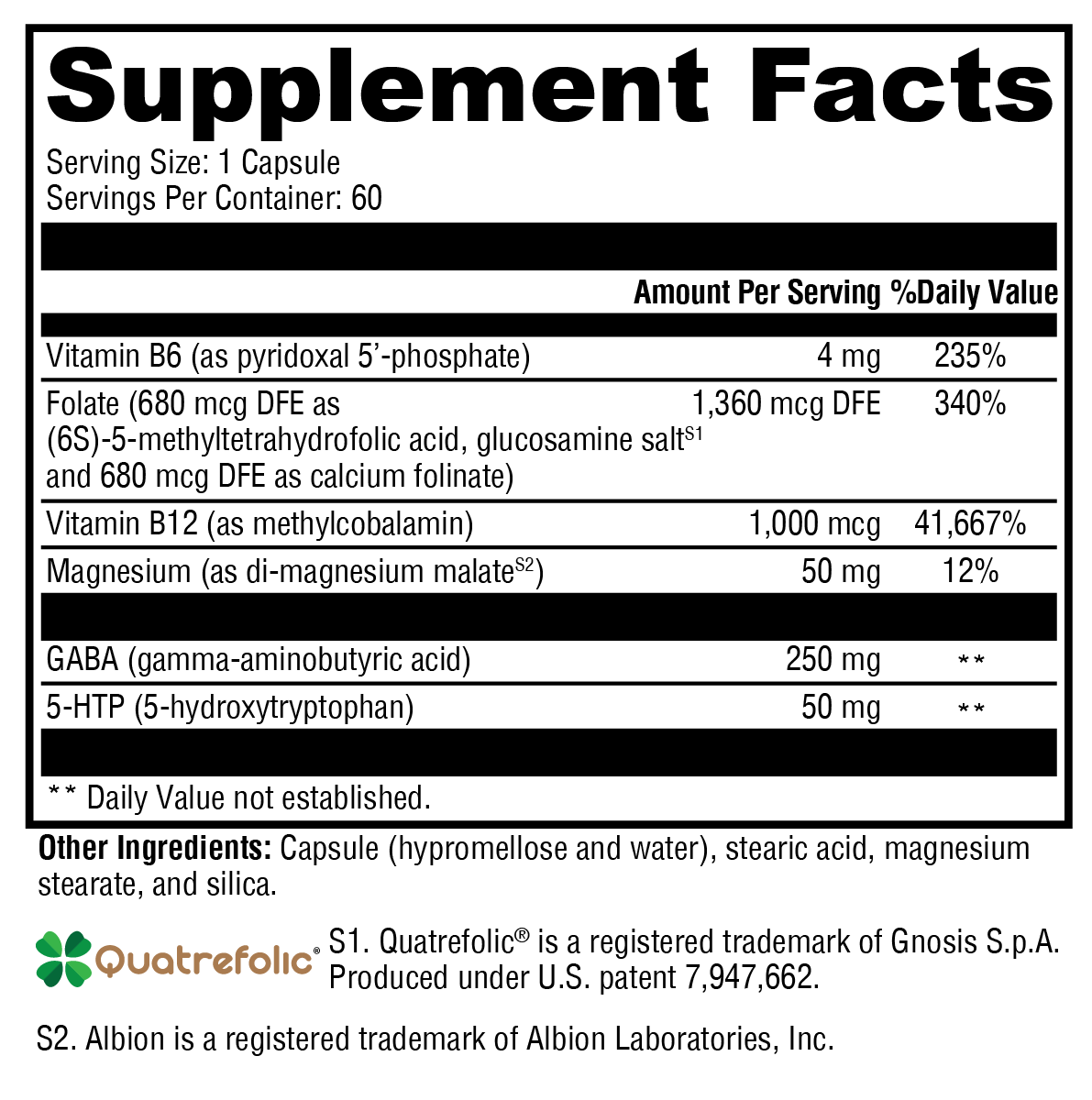 Supplement facts label with various nutrients and their amounts per serving.