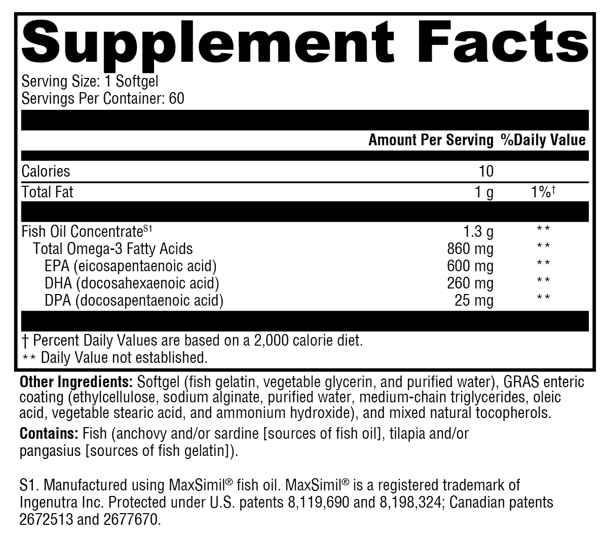 Supplement facts label for a fish oil supplement with detailed nutritional information.