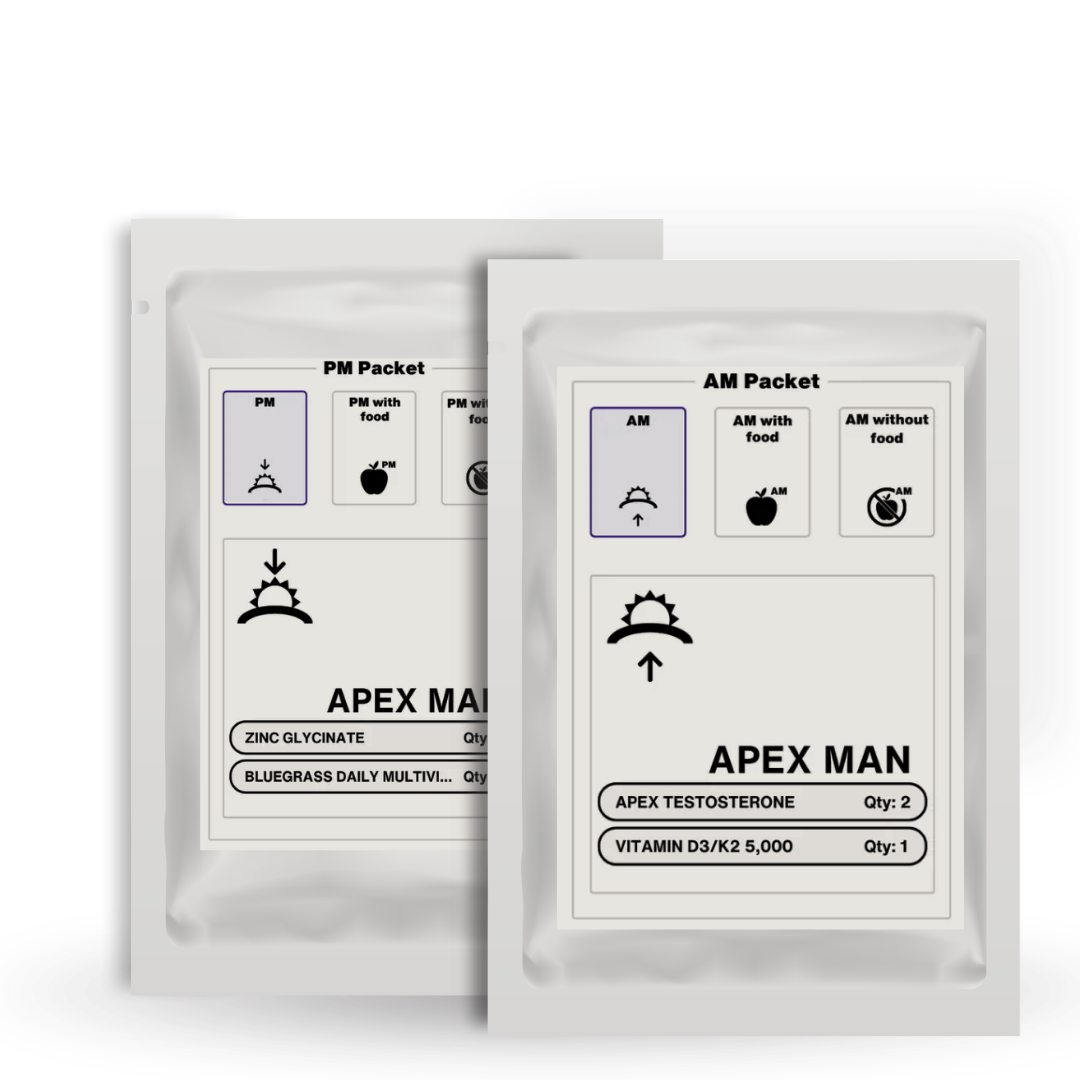 Two Apex Man supplement packets on a white background