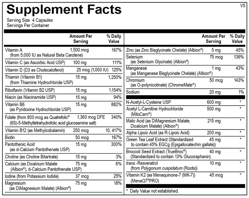 Supplement facts label with detailed nutritional information on a white background