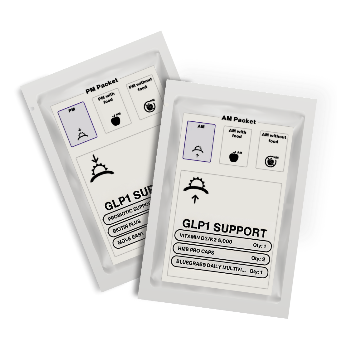 Two packets labeled 'GLP1 Support' with various supplement details on a white background.