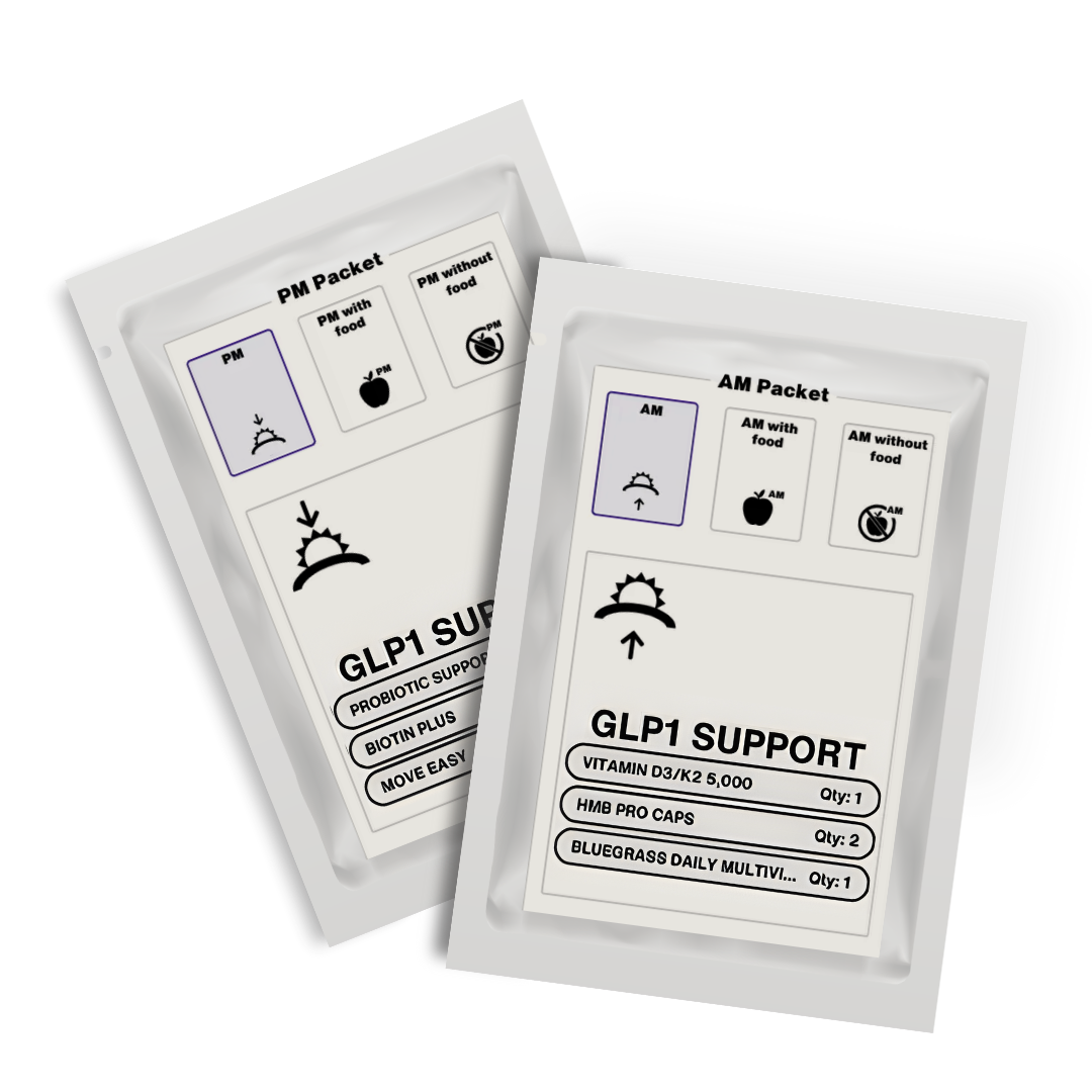 Two packets labeled 'GLP1 Support' with various supplement details on a white background.