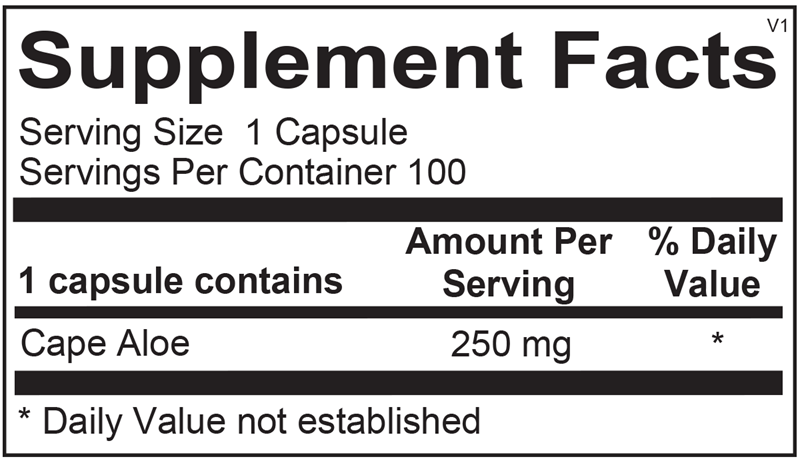 Supplement facts label for a capsule containing Cape Aloe with serving size and container details.