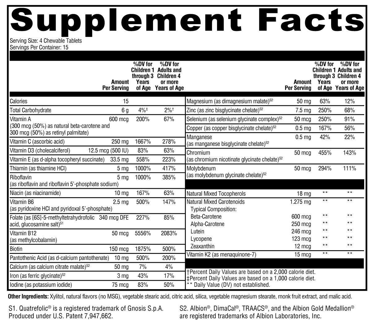 Supplement facts label for a product with detailed nutritional information.