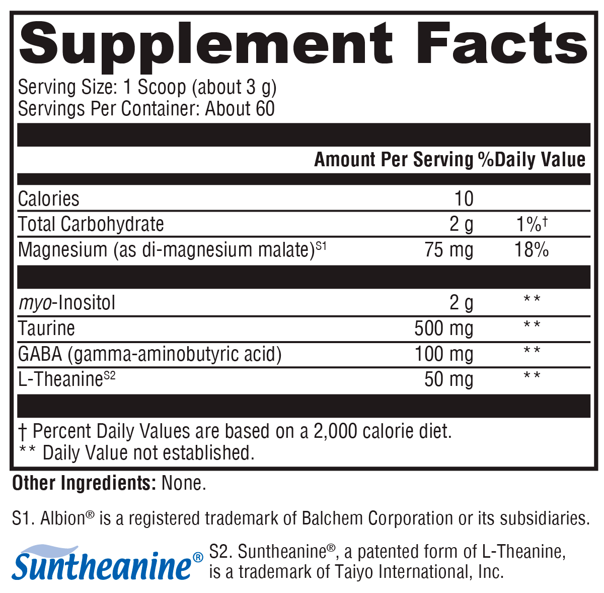 Supplement facts label with nutritional information on a white background