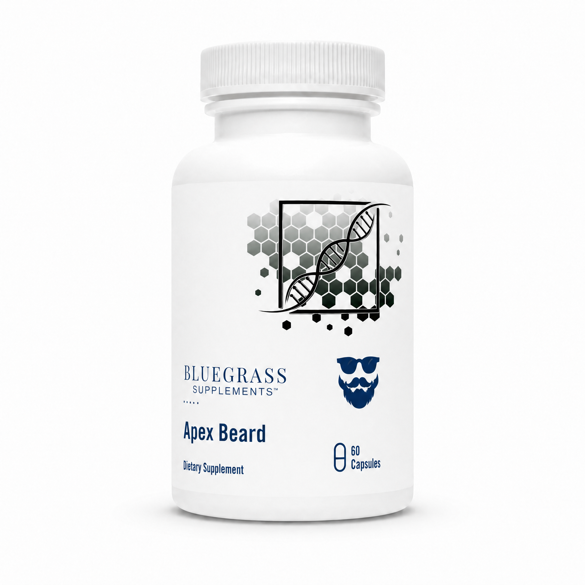 White supplement bottle labeled 'Apex Beard' by Bluegrass Supplements on a white background