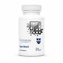 White supplement bottle labeled 'Apex Beard' by Bluegrass Supplements on a white background