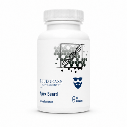 White supplement bottle labeled 'Apex Beard' by Bluegrass Supplements on a white background
