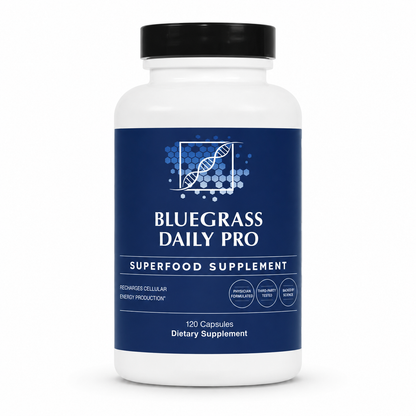 Supplement bottle labeled 'Bluegrass Daily Pro' on a white background