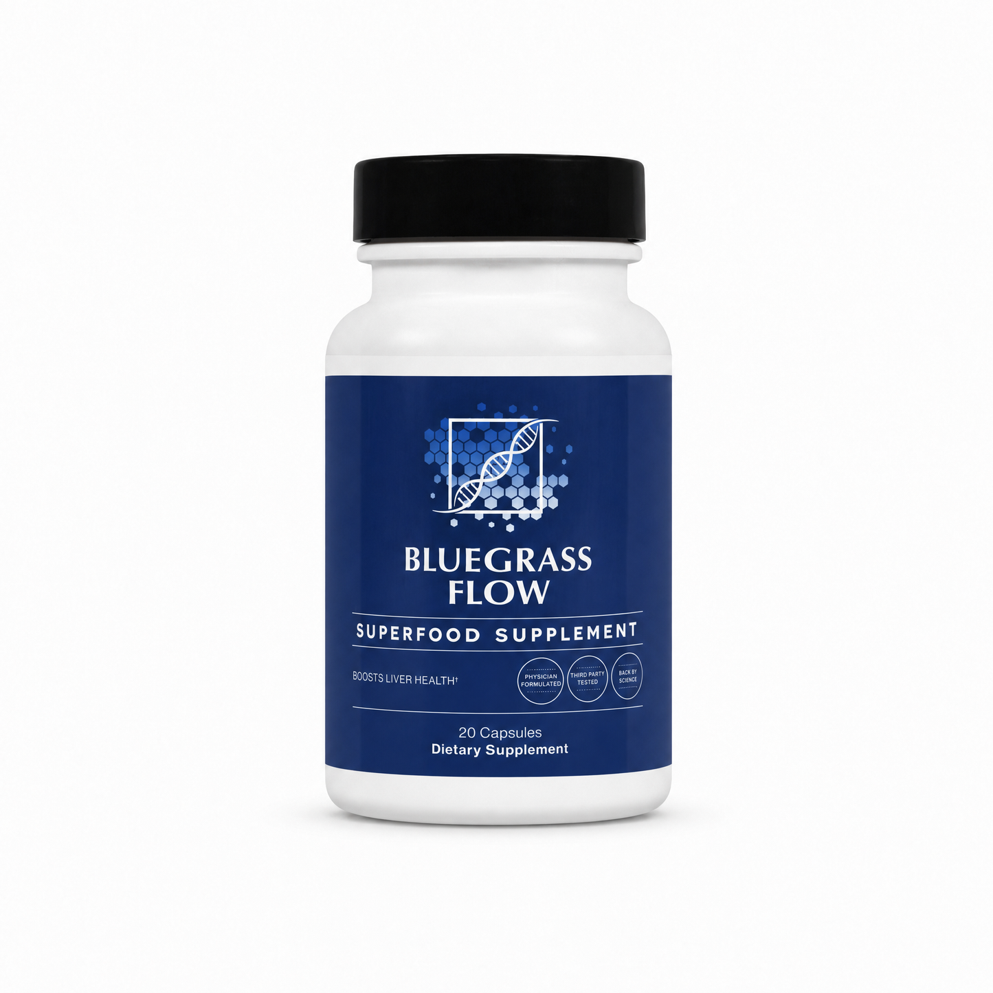 Bluegrass Flow superfood supplement bottle on a white background