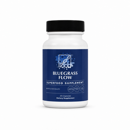 Bluegrass Flow superfood supplement bottle on a white background