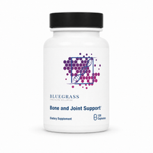 White supplement bottle with black lid labeled 'Bluegrass Bone and Joint Support' on a white background