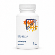 White supplement bottle labeled 'Bluegrass Supplements Brain Protect' on a white background