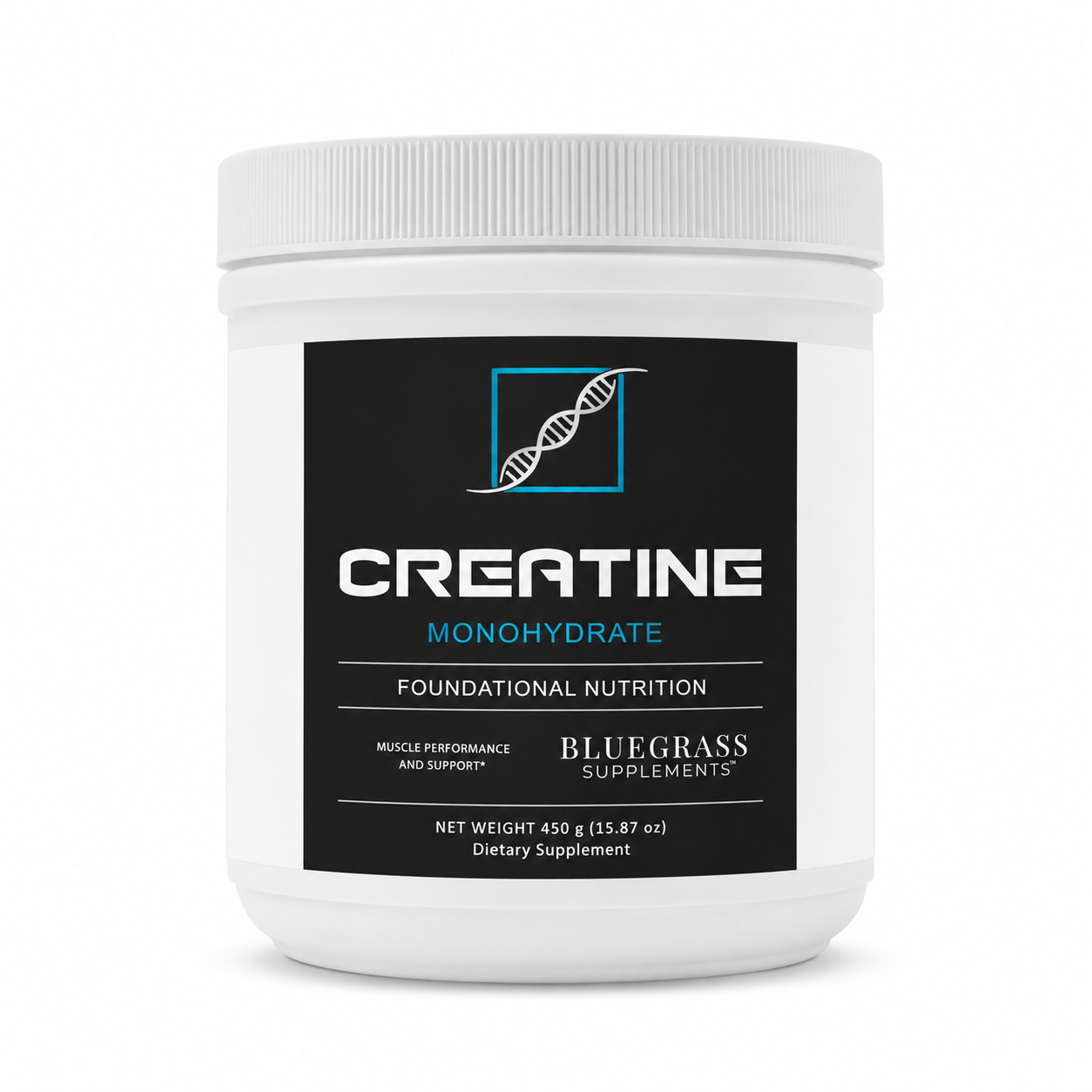 White container of Bluegrass Supplements Creatine Monohydrate on a white background