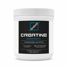 White container of Bluegrass Supplements Creatine Monohydrate on a white background