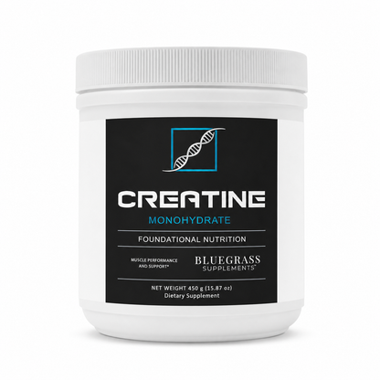 White container of Bluegrass Supplements Creatine Monohydrate on a white background