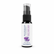 Bottle of Bluegrass Supplements Drift Away Max sleep support spray on a white background.