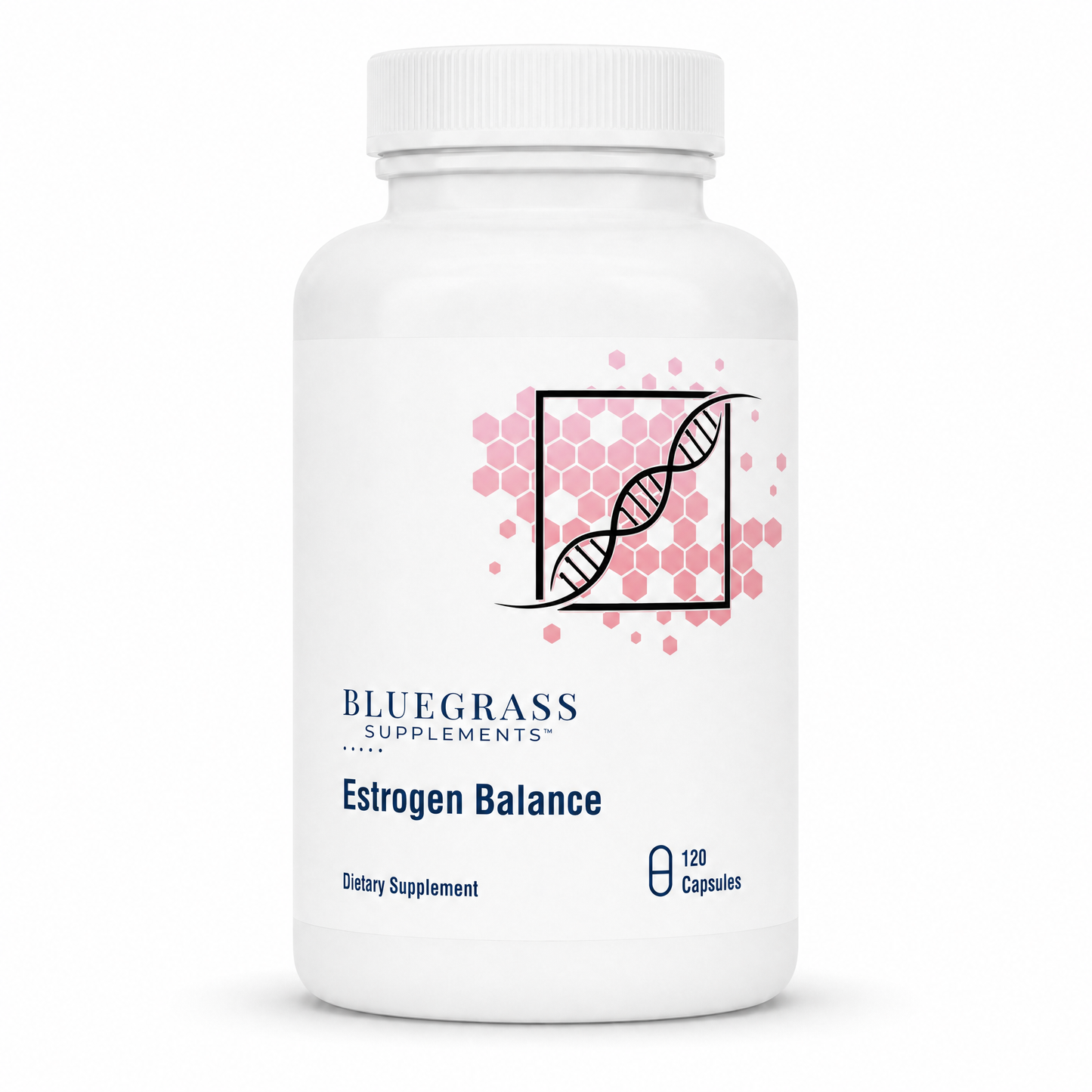 Supplement bottle labeled 'Estrogen Balance' by Bluegrass Supplements on a white background