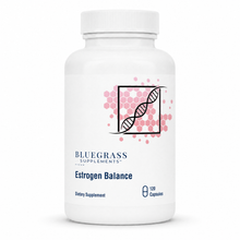 Supplement bottle labeled 'Estrogen Balance' by Bluegrass Supplements on a white background