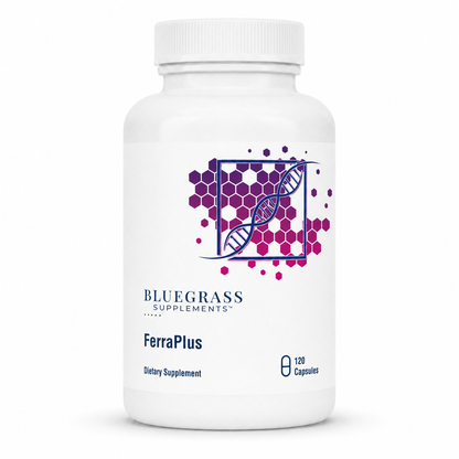 Supplement bottle labeled 'Bluegrass Supplements FerraPlus' on a white background