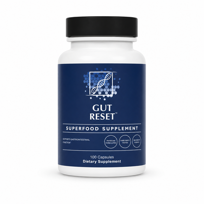 Gut Reset superfood supplement bottle on a white background