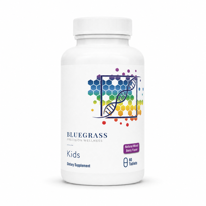 White supplement bottle labeled 'Bluegrass' with colorful design on a white background