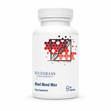 Supplement bottle labeled 'Mood Mend Max' by Bluegrass Supplements on a white background