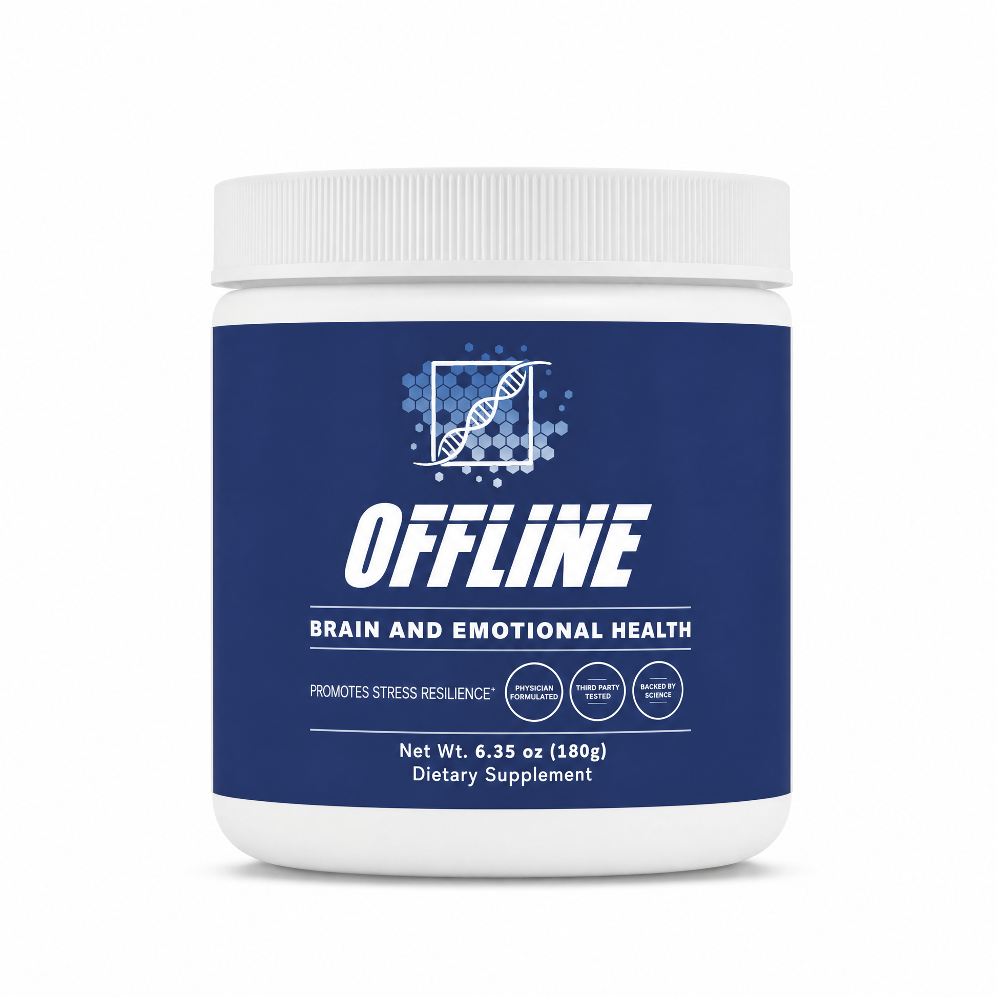 Supplement jar labeled 'Offline' for brain and emotional health on a white background