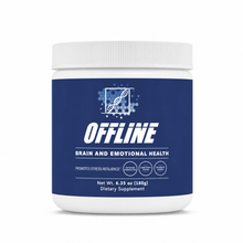 Supplement jar labeled 'Offline' for brain and emotional health on a white background