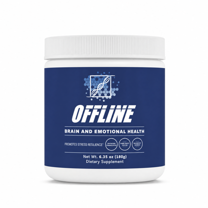 Supplement jar labeled 'Offline' for brain and emotional health on a white background