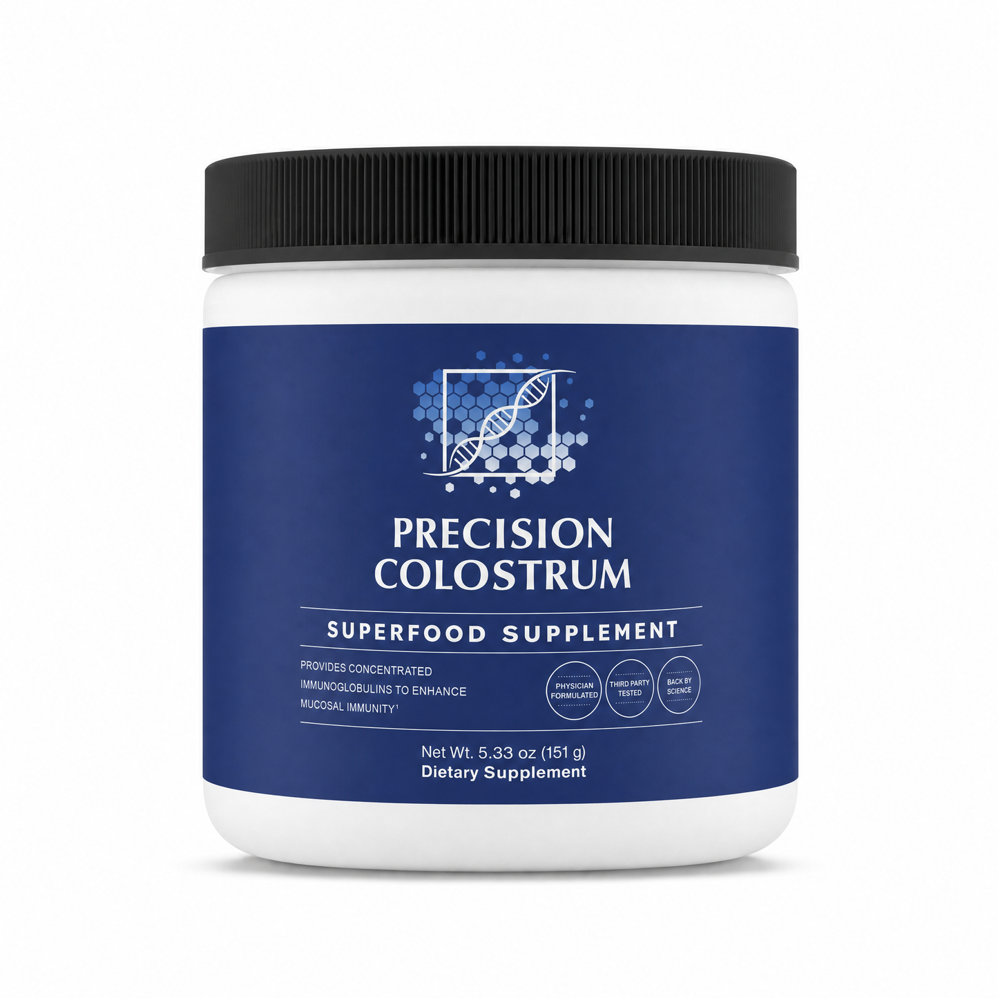 Precision Colostrum supplement container with blue label on a white background