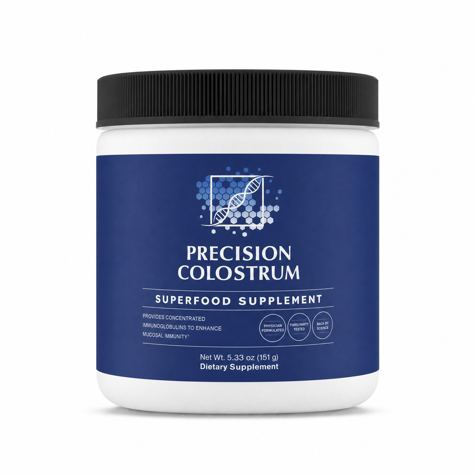 Precision Colostrum supplement container with blue label on a white background