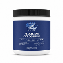 Precision Colostrum supplement container with blue label on a white background