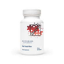 Supplement bottle labeled 'Bluegrass Supplements Red Yeast Rice' on a white background