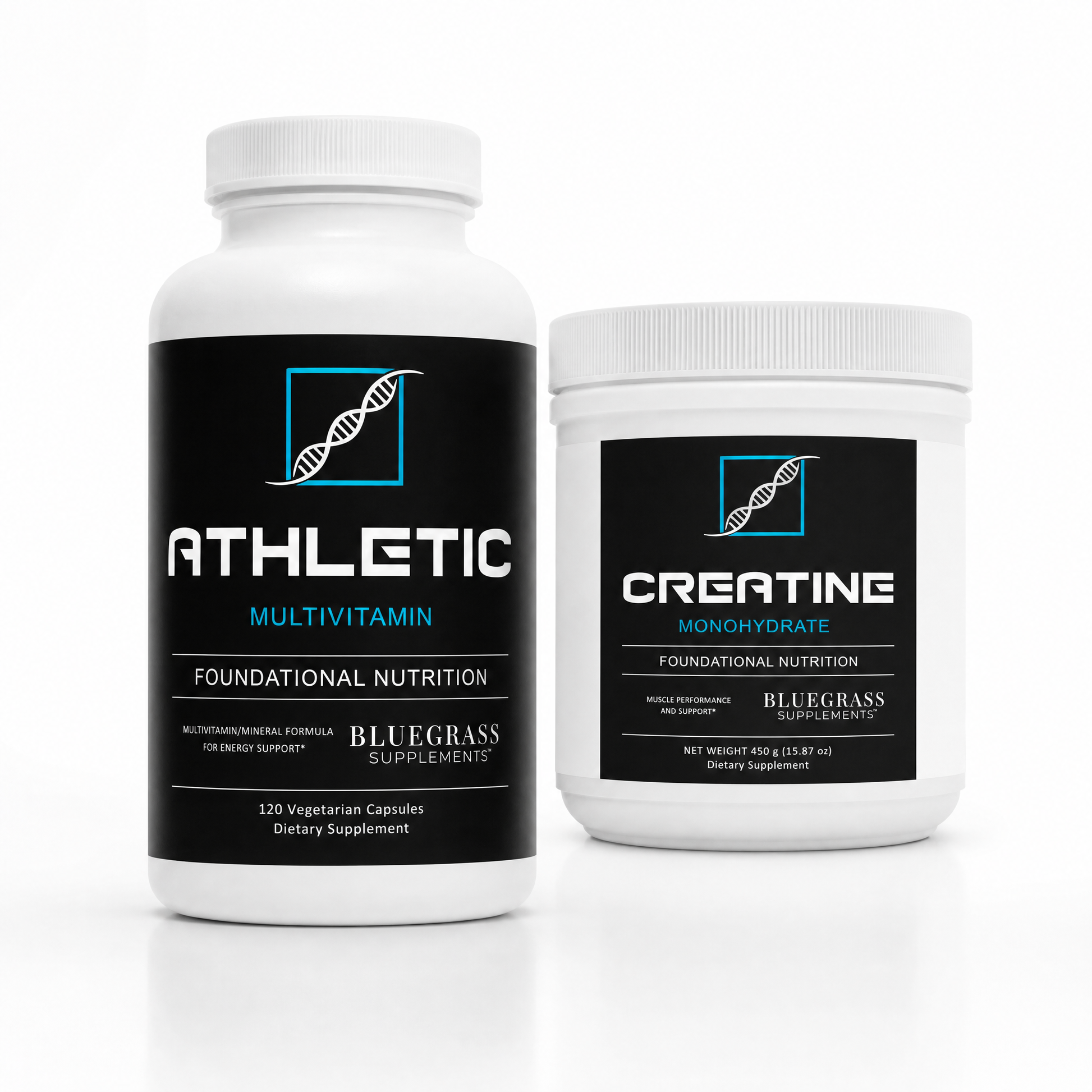 Two supplement containers labeled 'Athletic Multivitamin' and 'Creatine Monohydrate' on a white background.
