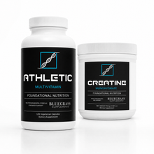 Two supplement containers labeled 'Athletic Multivitamin' and 'Creatine Monohydrate' on a white background.