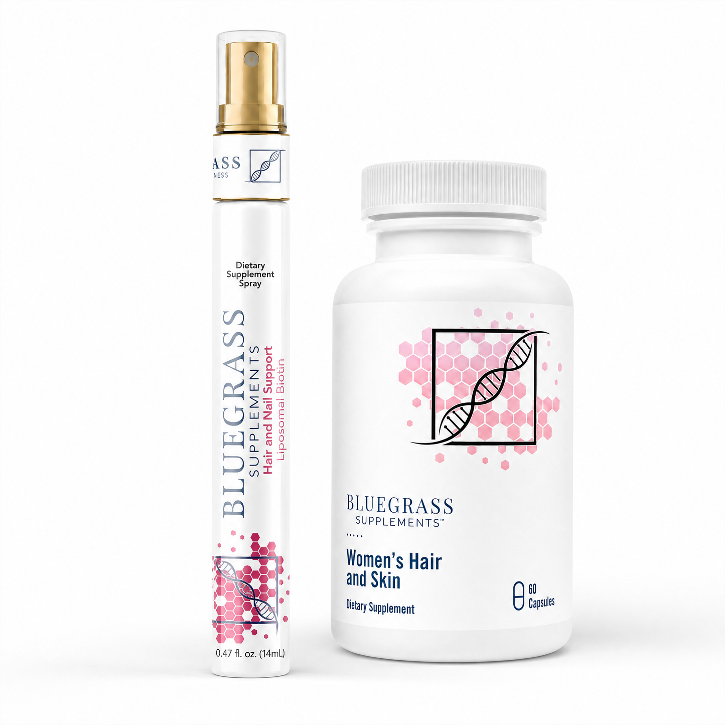 Bluegrass Supplements hair and nail support spray and capsules on a white background