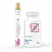 Bluegrass Supplements hair and nail support spray and capsules on a white background