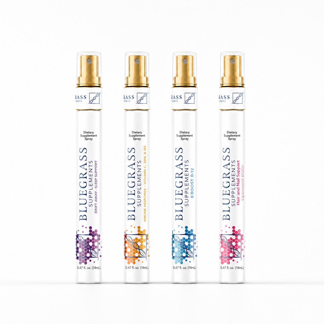 Four Bluegrass Supplements spray bottles on a white background