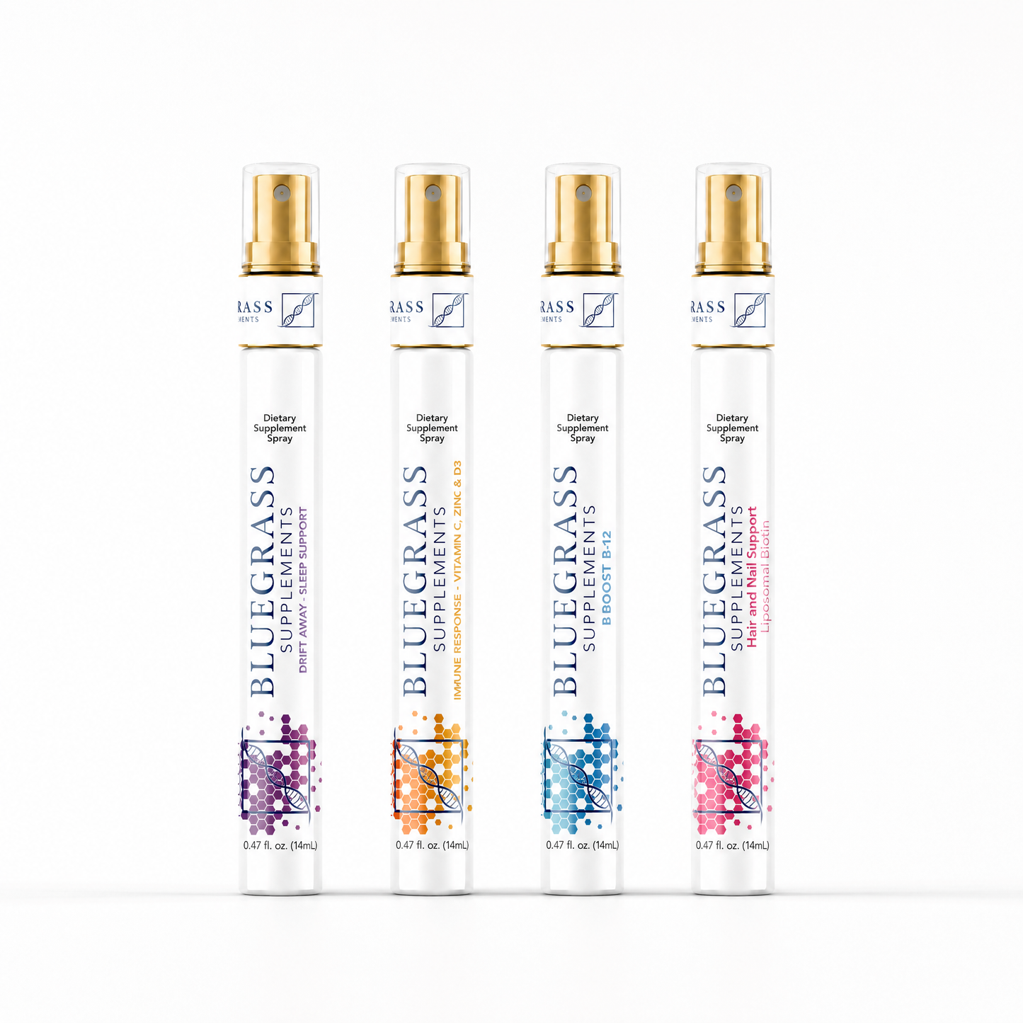 Four Bluegrass Supplements spray bottles on a white background