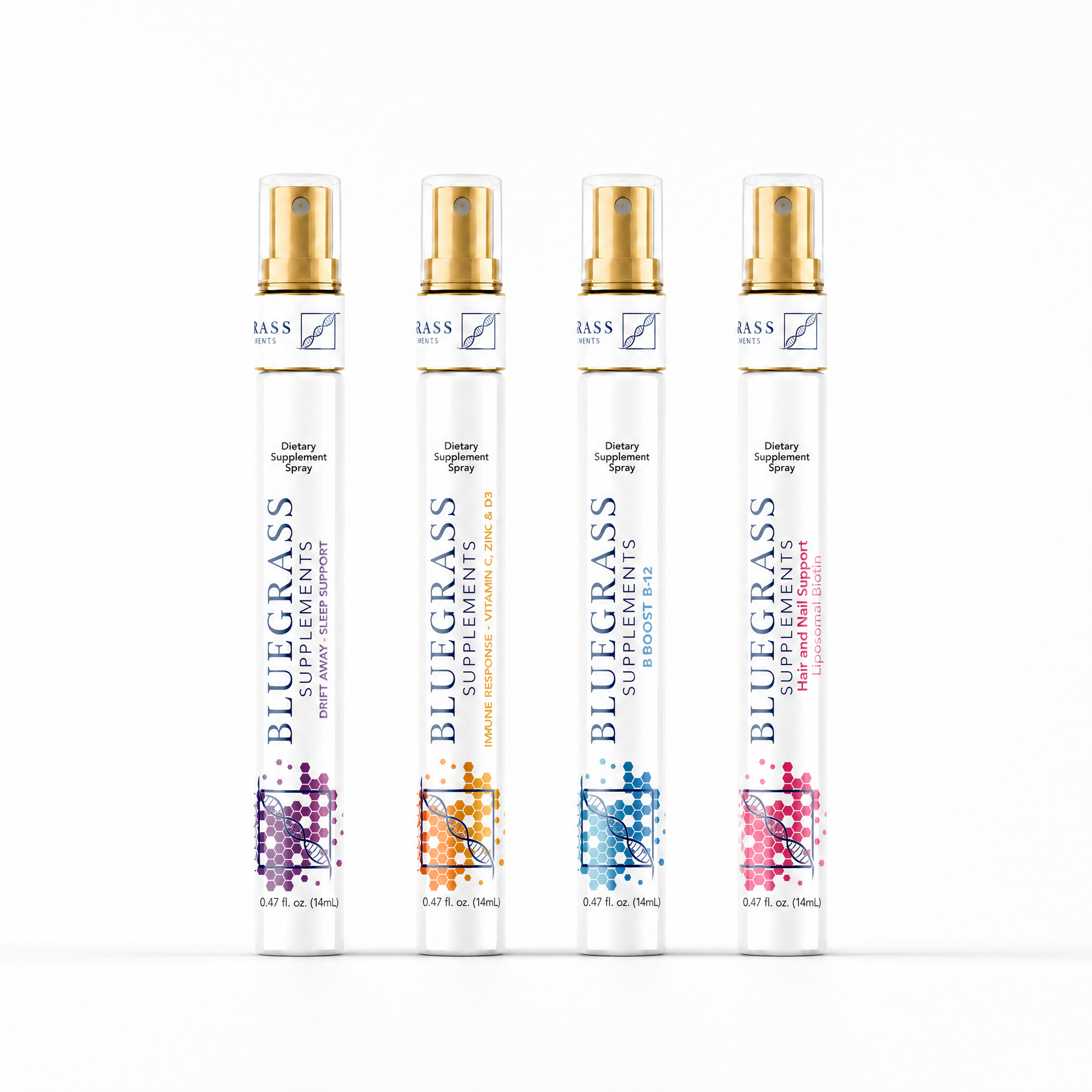 Four Bluegrass Supplements spray bottles on a white background