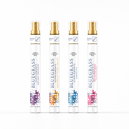 Four Bluegrass Supplements spray bottles on a white background