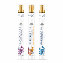 Three Bluegrass Supplements spray bottles for sleep support, immune response, and B-12 boost on a white background