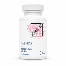 Supplement bottle labeled 'Bluegrass Supplements Women's Hair and Skin' on a white background