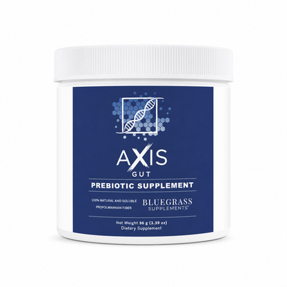 Axis Gut prebiotic supplement container with blue label on a white background