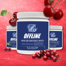 Supplement container labeled 'Offline' with cherries on a red background