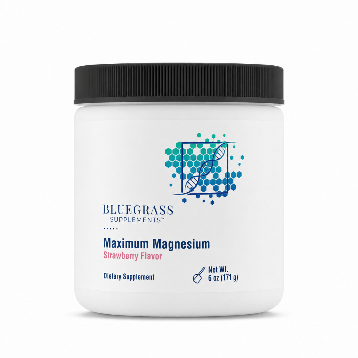 White supplement container with black lid labeled 'Bluegrass Supplements Maximum Magnesium' on a white background