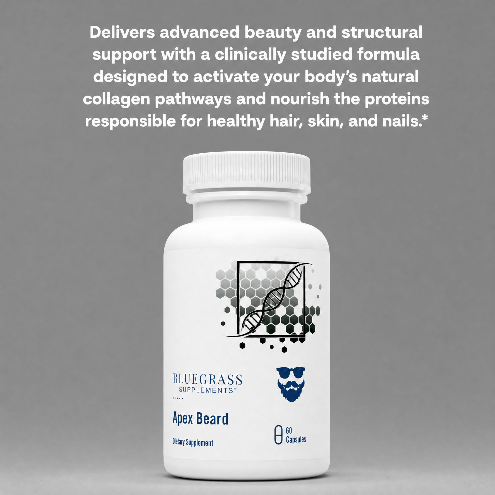 Supplement bottle labeled 'Bluegrass Supplements Apex Beard' on a gray background with text about collagen support.